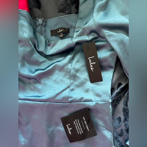 LULU’S BLUE SATIN SQUARE NECK MINI DRESS - Picture 6 of 6